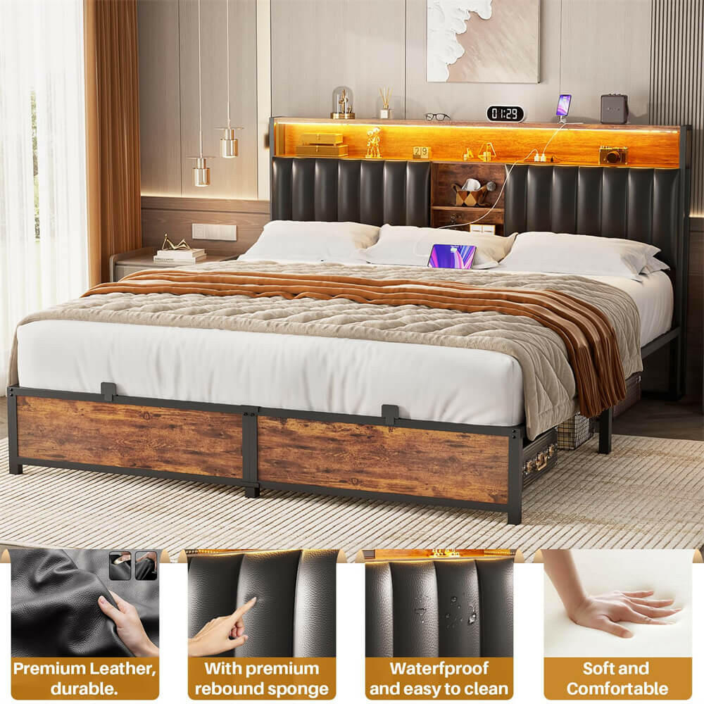 Unikito King Bed Frame with Charging Station & Led Lights, Platform Bed with Leather Upholstered Headboard and Storage, Metal Slats Support, No Box Spring Needed, Noise-Free, Easy Assembly