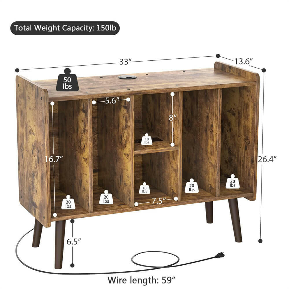 Unikito Large Record Player Stand, Vinyl Record Storage Table with Power Outlet Holds Up to 200 Albums, Turntable Stand Table with Wood Legs, Vinyl Holder Display Shelf for Bedroom Living Room