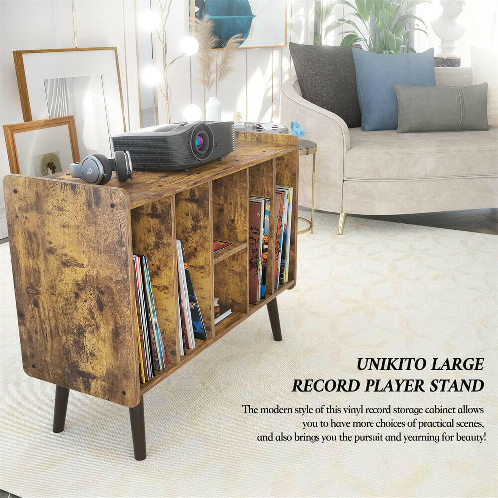 Unikito Large Record Player Stand, Vinyl Record Storage Table with Power Outlet Holds Up to 200 Albums, Turntable Stand Table with Wood Legs, Vinyl Holder Display Shelf for Bedroom Living Room