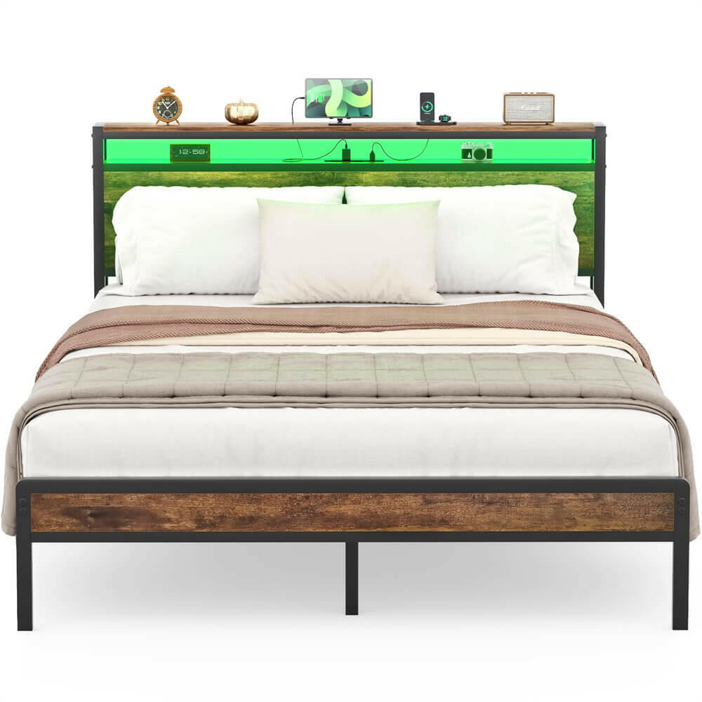 Unikito Queen Size Bed Frame with Charging Station and Led Lights, Industrial Metal Platform Bed with Storage Headboard, Steel Slat Support, No Box Spring Needed, Noise-Free, Easy Assembly