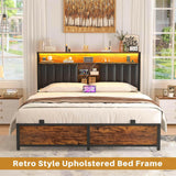 Unikito Queen Size Bed Frame with Charging Station & Led Lights, Platform Bed with Leather Upholstered Headboard and Storage, Metal Slats Support, No Box Spring Needed, Noise-Free, Easy Assembly