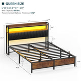 Unikito Queen Bed Frame with Charging Station, Adjustable Upholstered Faux Leather Headboard, Industrial Platform Bed with LED Lights, Steel Slat Support, No Box Spring Needed