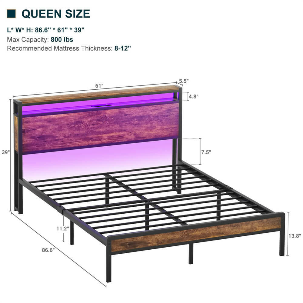 Unikito Queen Size Bed Frame with Charging Station and Led Lights, Industrial Metal Platform Bed with Storage Headboard, Steel Slat Support, No Box Spring Needed, Noise-Free, Easy Assembly