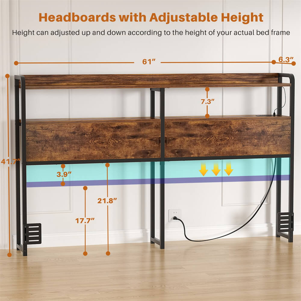 Queen Size Headboard for Bed Frame, Headboard with Storage Shelf, LED Lights, and Power Outlets, USB Ports, Height Adjustable