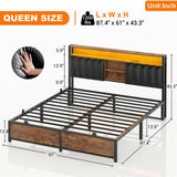 Unikito Queen Size Bed Frame with Charging Station & Led Lights, Platform Bed with Leather Upholstered Headboard and Storage, Metal Slats Support, No Box Spring Needed, Noise-Free, Easy Assembly