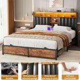 Unikito Queen Size Bed Frame with Charging Station & Led Lights, Platform Bed with Leather Upholstered Headboard and Storage, Metal Slats Support, No Box Spring Needed, Noise-Free, Easy Assembly