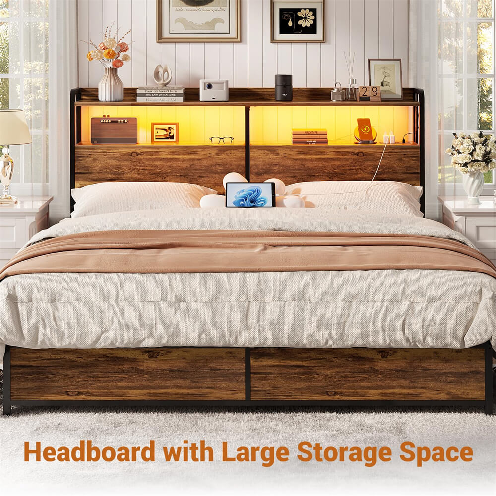 Queen Size Headboard for Bed Frame, Headboard with Storage Shelf, LED Lights, and Power Outlets, USB Ports, Height Adjustable