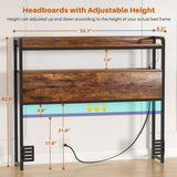 Twin Size Headboard for Bed Frame, Headboard with Storage Shelf, LED Lights, and Power Outlets, USB Ports, Height Adjustable