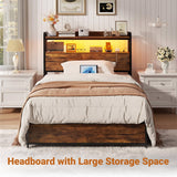 Twin Size Headboard for Bed Frame, Headboard with Storage Shelf, LED Lights, and Power Outlets, USB Ports, Height Adjustable