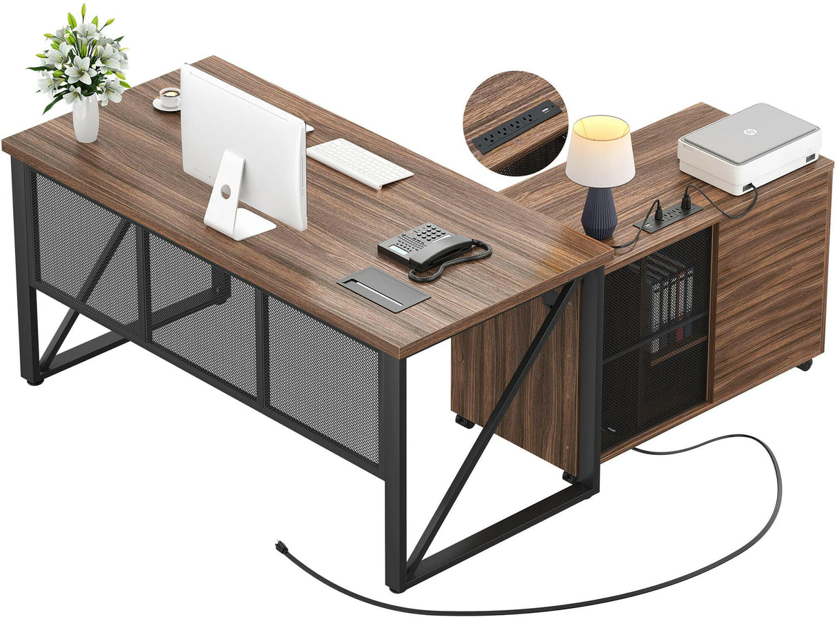 Unikito L Shaped Executive Desk and Mobile Lateral File Cabinet, 55 Inch L Shaped Office Desk with Power Outlet and Cable Management, Large Computer Table with Drawers and Storage Shelves