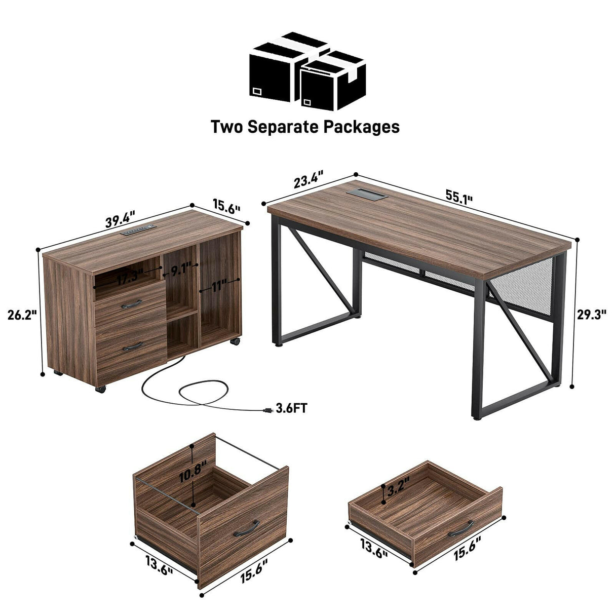 Unikito L Shaped Executive Desk and Mobile Lateral File Cabinet, 55 Inch L Shaped Office Desk with Power Outlet and Cable Management, Large Computer Table with Drawers and Storage Shelves