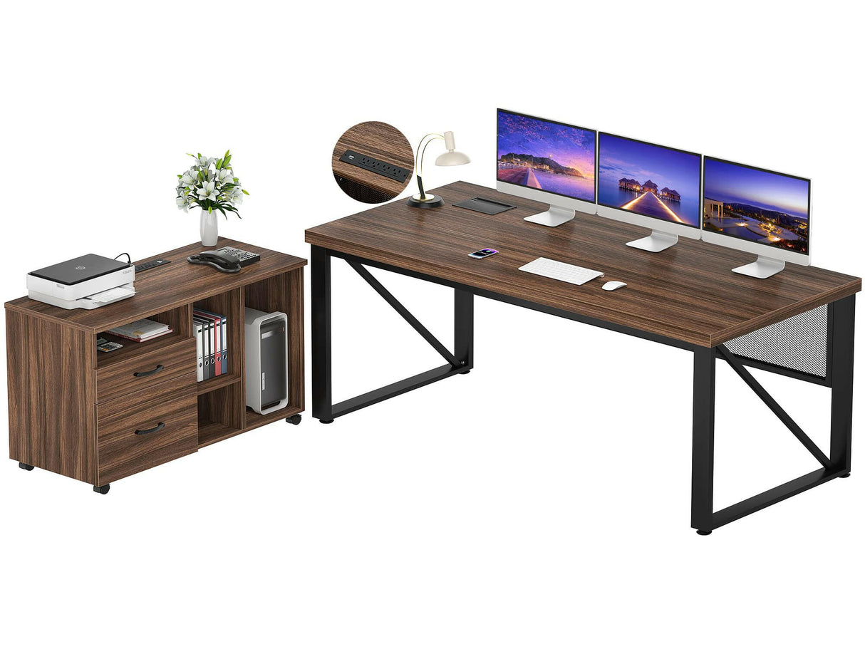 Unikito L Shaped Executive Desk and Mobile Lateral File Cabinet, 55 Inch L Shaped Office Desk with Power Outlet and Cable Management, Large Computer Table with Drawers and Storage Shelves