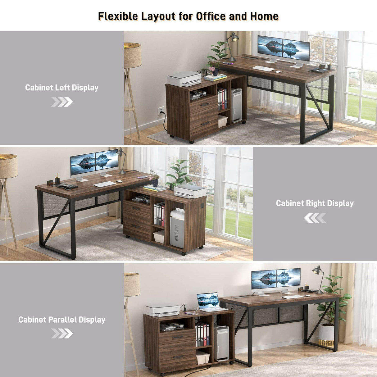 Unikito L Shaped Executive Desk and Mobile Lateral File Cabinet, 55 Inch L Shaped Office Desk with Power Outlet and Cable Management, Large Computer Table with Drawers and Storage Shelves