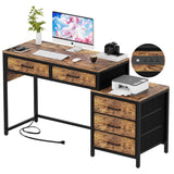 Unikito Reversible Computer Desk with 5 Drawers, Sturdy Office Desk with Power Outlets and USB Ports, Corner Writing Table with File Cabinet & Printer Stand, Vanity Desk with Storage