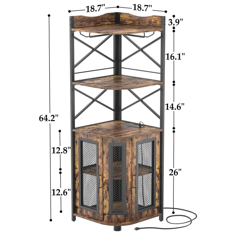 Unikito Corner Bar Cabinet with Power Outlet, Industrial Wine Cabinet with LED Strip and Glass Holder, 5-Tiers Liquor Cabinet Bar Unit for Home, Corner Display Cabinet for Small Space