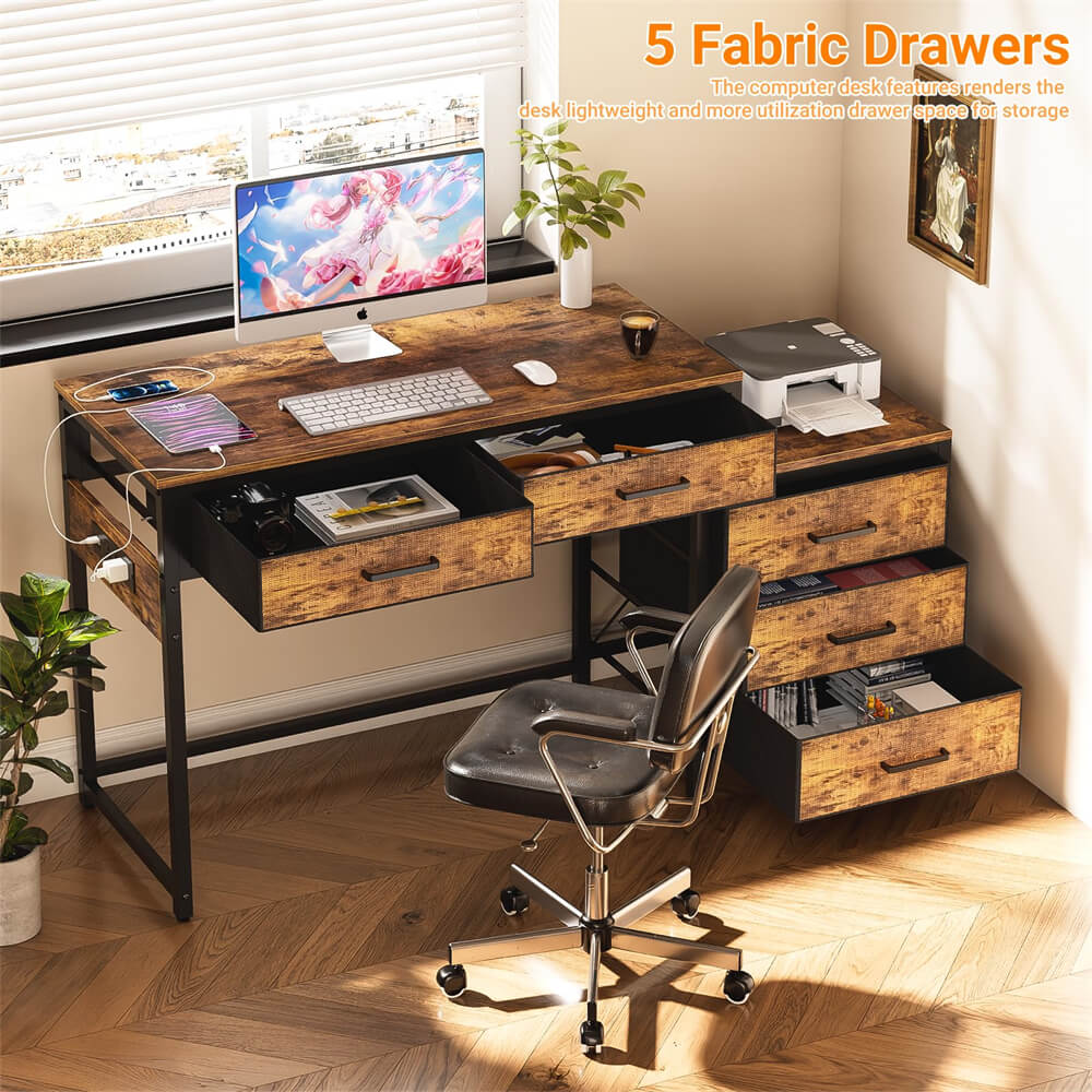 Unikito Reversible Computer Desk with 5 Drawers, Sturdy Office Desk with Power Outlets and USB Ports, Corner Writing Table with File Cabinet & Printer Stand, Vanity Desk with Storage