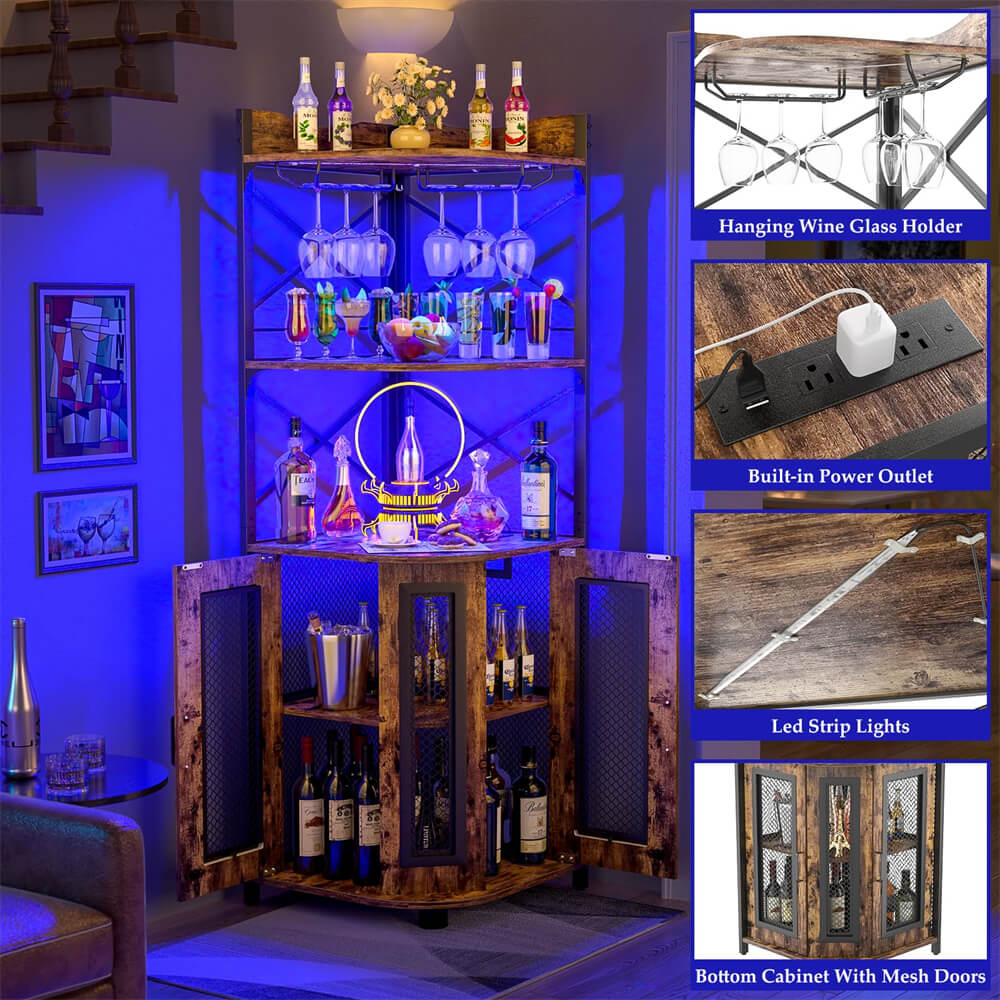 Unikito Corner Bar Cabinet with Power Outlet, Industrial Wine Cabinet with LED Strip and Glass Holder, 5-Tiers Liquor Cabinet Bar Unit for Home, Corner Display Cabinet for Small Space