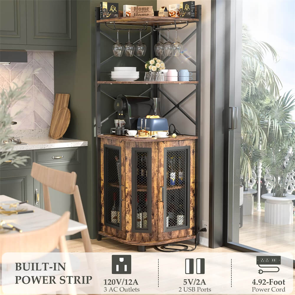 Unikito Corner Bar Cabinet with Power Outlet, Industrial Wine Cabinet with LED Strip and Glass Holder, 5-Tiers Liquor Cabinet Bar Unit for Home, Corner Display Cabinet for Small Space