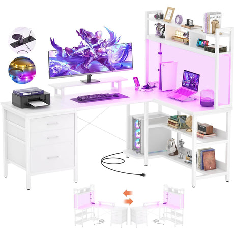 Unikito L Shaped Desk with Hutch, Gaming Desk with Led Lights, Reversible Computer Desk with Power Outlet, Corner Desk with File Drawer & Monitor Stand, Storage Shelves for Home