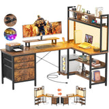 Unikito L Shaped Desk with Hutch, Gaming Desk with Led Lights, Reversible Computer Desk with Power Outlet, Corner Desk with File Drawer & Monitor Stand, Storage Shelves for Home