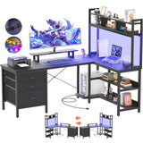 Unikito L Shaped Desk with Hutch, Gaming Desk with Led Lights, Reversible Computer Desk with Power Outlet, Corner Desk with File Drawer & Monitor Stand, Storage Shelves for Home