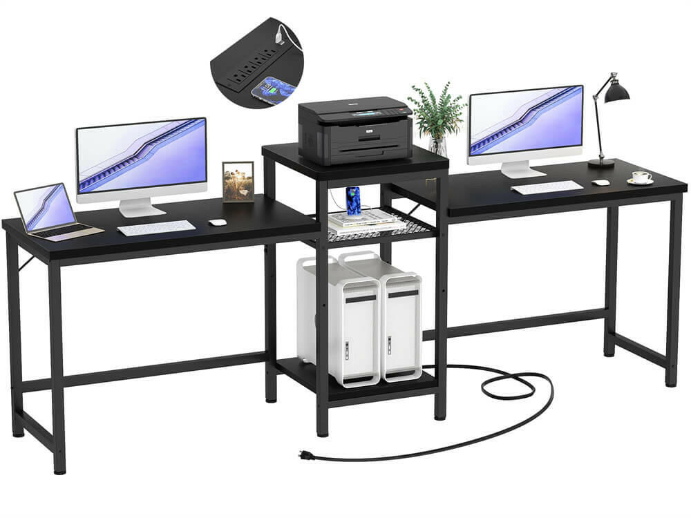 Unikito Two Person Desk, Home Office Desk with Power Outlet and Printer Stand, Double Computer Desk with Open Storage Shelf, Double Gaming Computer Desk, Extra Long Table, Writing Study Desk