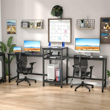 Unikito Two Person Desk, Home Office Desk with Power Outlet and Printer Stand, Double Computer Desk with Open Storage Shelf, Double Gaming Computer Desk, Extra Long Table, Writing Study Desk