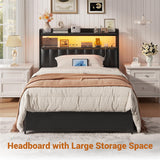 Black Headboard for Bed Frame, Upholstered Headboards with Outlets, USB Pots, LED Lights, Height Adjustable