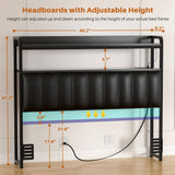 Black Headboard for Bed Frame, Upholstered Headboards with Outlets, USB Pots, LED Lights, Height Adjustable