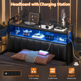 Black Headboard for Bed Frame, Upholstered Headboards with Outlets, USB Pots, LED Lights, Height Adjustable