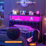 Black Headboard for Bed Frame, Upholstered Headboards with Outlets, USB Pots, LED Lights, Height Adjustable