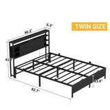 Twin Size Bed Frame with Storage Headboard, Platform Bed Frame with LED Lights and Power Outlets