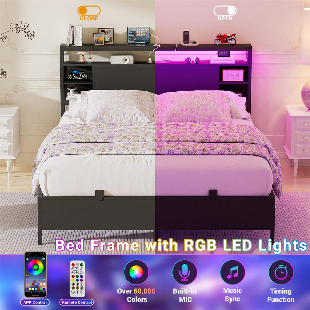 Twin Size Bed Frame with Storage Headboard, Platform Bed Frame with LED Lights and Power Outlets