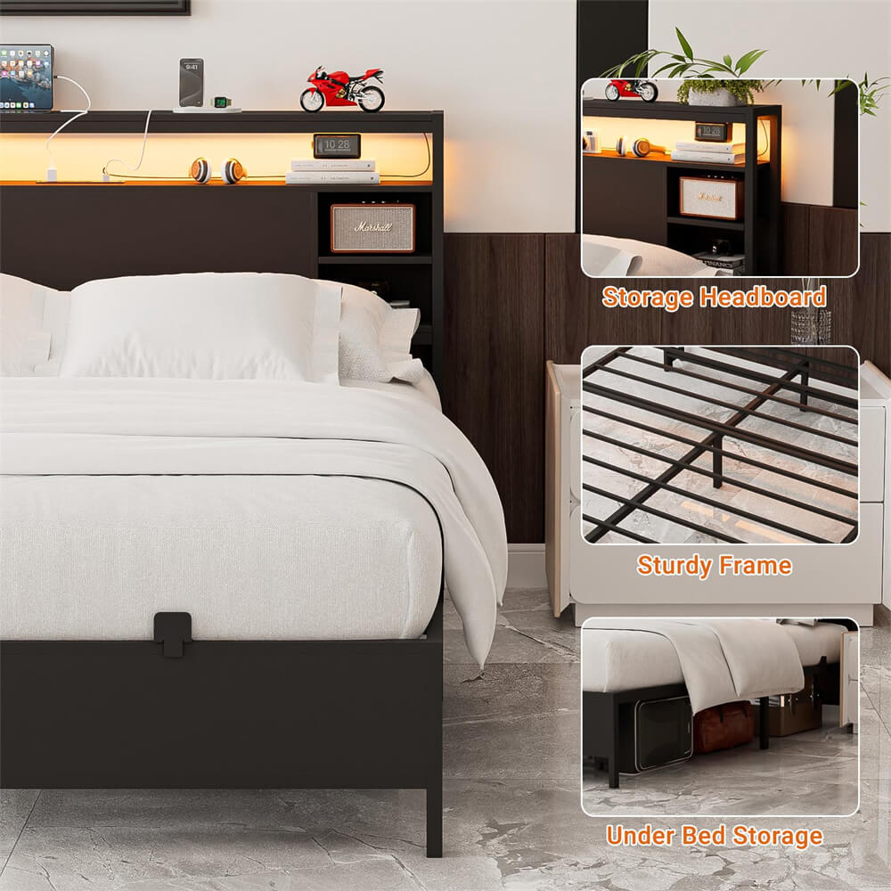 Twin Size Bed Frame with Storage Headboard, Platform Bed Frame with LED Lights and Power Outlets