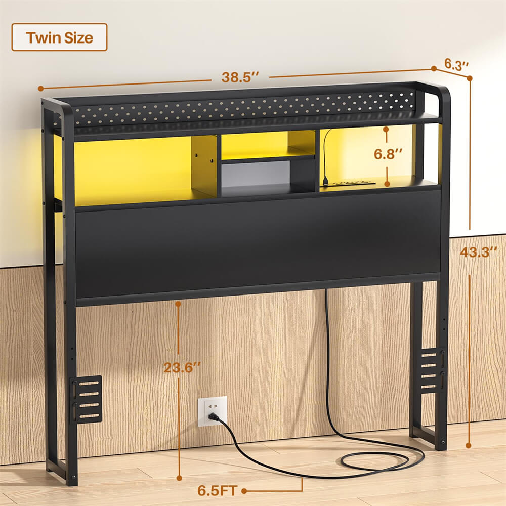 Unikito Headboard for Twin Size Bed with Storage Shelf, Head board with 3 Outlets and 2 USB Ports, Headboards with RGB LED Light, Height Adjustable, Sturdy and Stable, Easy Assembly