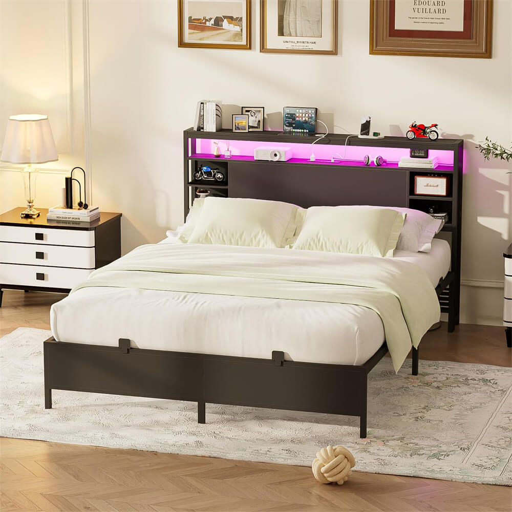 Twin Size Bed Frame with Storage Headboard, Platform Bed Frame with LED Lights and Power Outlets