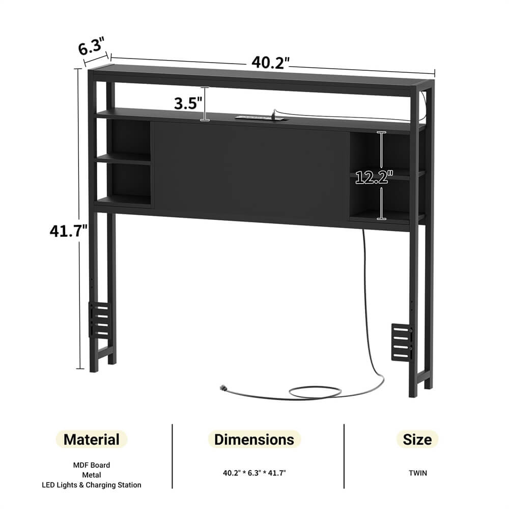 Twin Size Bookshelf Headboard with Storage, Headboards with Power Outlets and Smart LED Light