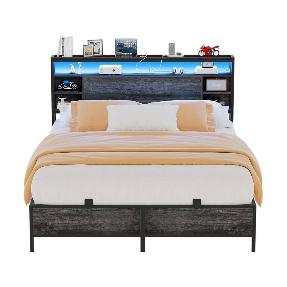 Twin Size Bed Frame with Storage Headboard, Platform Bed Frame with LED Lights and Power Outlets