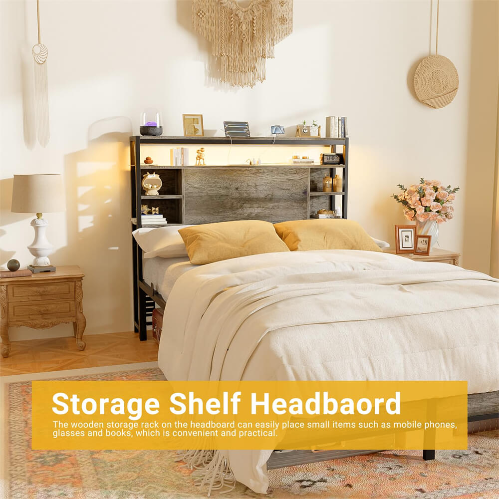 Twin Size Bookshelf Headboard with Storage, Headboards with Power Outlets and Smart LED Light