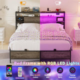 Twin Size Bed Frame with Storage Headboard, Platform Bed Frame with LED Lights and Power Outlets