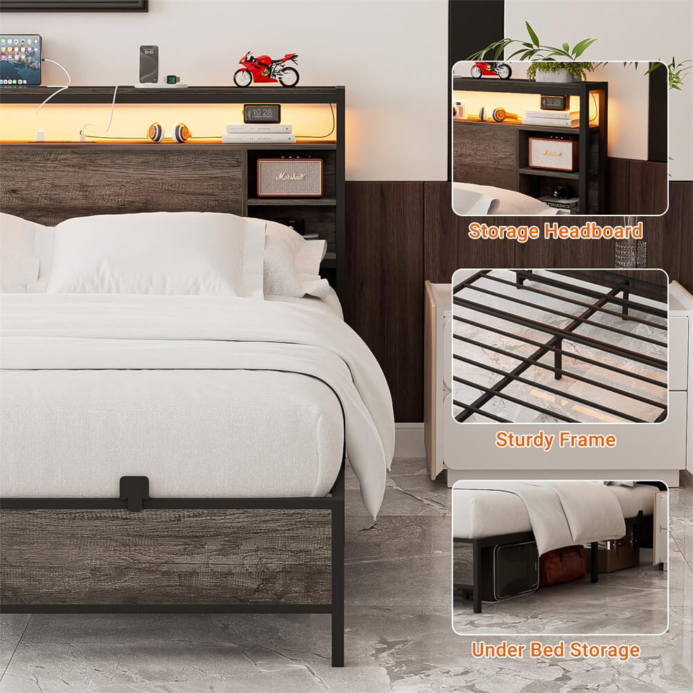 Twin Size Bed Frame with Storage Headboard, Platform Bed Frame with LED Lights and Power Outlets