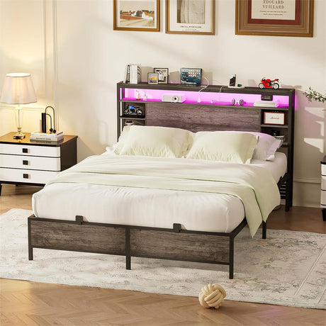 Twin Size Bed Frame with Storage Headboard, Platform Bed Frame with LED Lights and Power Outlets