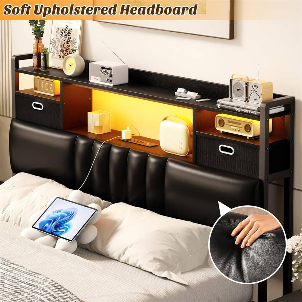 Full Size Headboard with Drawer Storage and RGB LED Light, Full Upholstered Headboard with Charging Station and Bookcase