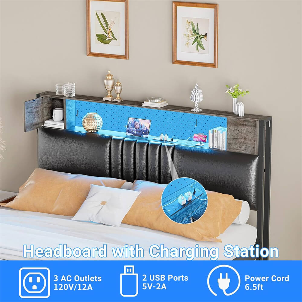 Upholstered Headboard for Full Size Bed Frame with Storage Shelf and Cabinet, Headboards with Outlets and RGB LED Light