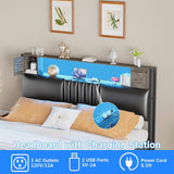 Upholstered Headboard for Full Size Bed Frame with Storage Shelf and Cabinet, Headboards with Outlets and RGB LED Light