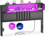 Upholstered Headboard for Full Size Bed Frame with Storage Shelf and Cabinet, Headboards with Outlets and RGB LED Light