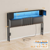 Upholstered Headboard for Full Size Bed Frame with Storage Shelf and Cabinet, Headboards with Outlets and RGB LED Light