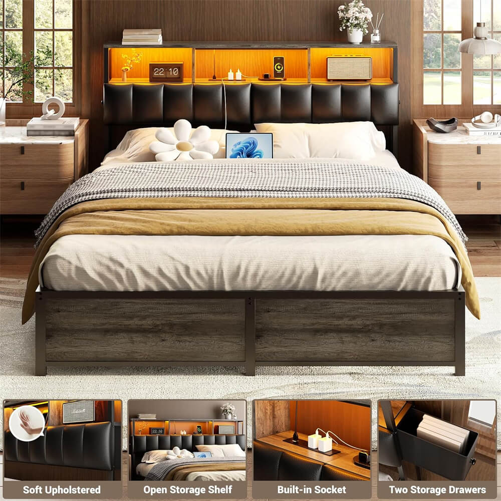 Full Size Upholstered Headboard with Power Outlet and LED Light, Headboard with 2 Side Storage Drawers