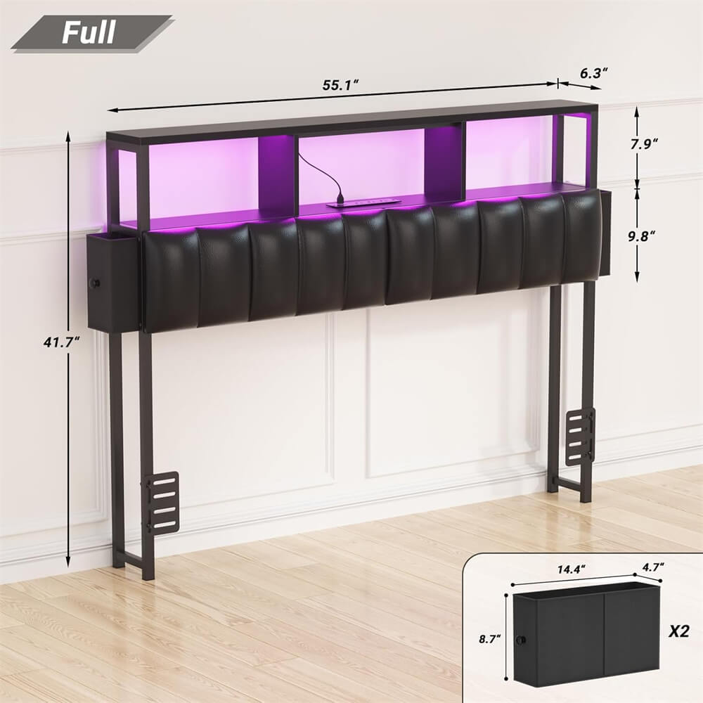 Full Size Upholstered Headboard with Power Outlet and LED Light, Headboard with 2 Side Storage Drawers