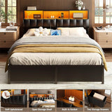 Full Size Upholstered Headboard with Power Outlet and LED Light, Headboard with 2 Side Storage Drawers